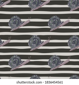 Pale purple colored snails shapes seamless pattern. Sriped brown and grey colored background. Nature backdrop. Great for fabric design, textile print, wrapping, cover. Vector illustration.