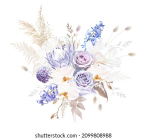 Pale purple rose, dusty mauve and lilac hyacinth, allium, white magnolia, orchid, lagurus, dried protea, pampas grass vector design bouquet. Stylish wedding flowers. Elements are isolated and editable