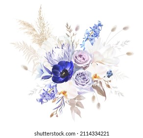 Pale purple rose, dusty mauve and lilac hyacinth, anemone, white magnolia, orchid, lagurus, dried protea, pampas grass vector design bouquet. Stylish wedding flower. Elements are isolated and editable