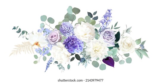 Pale purple rose, dusty mauve and lilac hyacinth, hydrangea, white dahlia, peony, orchid, dried fern, eucalyptus vector design bouquet. Stylish wedding flower. Elements are isolated and editable svg