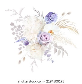 Rosa púrpura pálida, malva polvorienta e hiacinth lilac, allium, magnolia blanca, orquídea, lagurus, lavanda, pampas secas diseño vectorial ramo.Flores de boda estilosas.Los elementos son aislados y editables