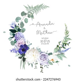 Pale purple rose, dusty mauve and lilac hyacinth, violet anemone, lavender, white peony, orchid, eucalyptus vector design frame. Stylish wedding flower round card. Elements are isolated and editable svg