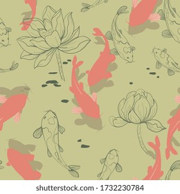 Pale red koi carps in water, among graphic lotuses on a light sage green color background. Vector seamless pattern with flowers and fish. Repeating square design for fabric and wallpaper.