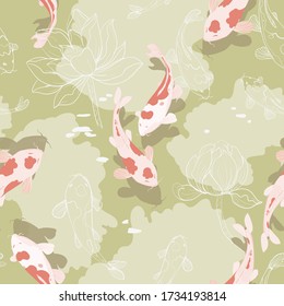 Pale red koi carps in water, among graphic lotuses on a light sage green color background. Vector seamless pattern with flowers and fish. Repeating square design for fabric and wallpaper.