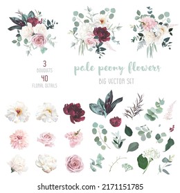 Pale Red Peony, Dusty Rose, Ivory White Magnolia, Blush Dahlia, Nude Pink Hydrangea, Eucalyptus Big Vector Design Set. Wedding Neutral Sage And Burgundy Flowers. All Elements Are Isolated And Editable