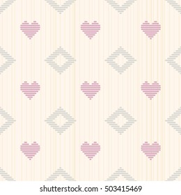 Pale romantic background with hearts. Seamless pattern. Abstract illustration. Simple ornament for valentine day. Delicate colors.