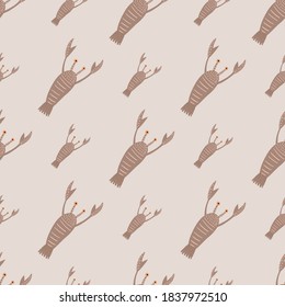 Patrón de doodle impecable pálido con adorno de langosta beige. Fondo gris pastel a cuadros. Impresión minimalista. Diseñado para el diseño de tejidos, impresión textil, envoltura, cubierta. Ilustración vectorial.