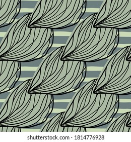 Pale seamless doodle pattern with grey leaves contoured silhouettes. Navy blue pastel stripped background. Designed for wallpaper, textile, wrapping paper, fabric print. Vector illustration.
