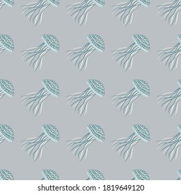 Pale seamless doodle pattern with jellyfish ornament. Light blue undersea shapes on grey background. Marine artwork. Designed for wallpaper, textile, wrapping paper, fabric print. Vector illustration.