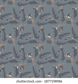 Pale seamless doodle pattern with leaves and acorns silhouettes. Grey colored nature backdrop. Flat vector print for textile, fabric, giftwrap, wallpapers. Endless illustration.