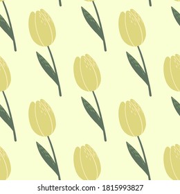Pale seamless doodle pattern wit tulips silhouettes. Yellow buds with green stems floral ornament. Perfect for wallpaper, textile, wrapping paper, fabric print. Vector illustration.