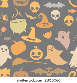 Pale  seamless pattern of cute kawaii silhouettes for Halloween: pumpkin, Ghost, cat, pot, hat, broom, candy, bat, spider, skull