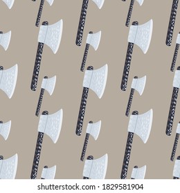 Pale seamless pattern with doodle history backdrop. Viking ax shapes on beige background. Ancient armor ornament. For fabric design, textile print, wrapping, cover. Vector illustration.