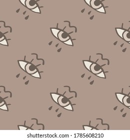 Pale seamless pattern with eye and tears ornament. Pale simple artwork in grey and beige tones. Perfect for wallpaper, wrapping paper, textile print, fabric. Vector illustration.