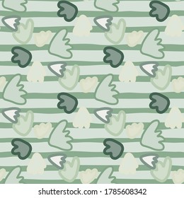 Pale seamless pattern with flower shapes. Green and grey colores floral ornament on background with strips. Great for wrapping paper, textile, fabric print and wallpaper. Vector illustration.