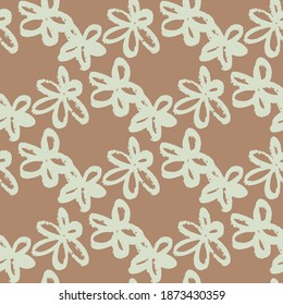 Pale seamless pattern with grunge daisy flowers on brown background. Light blue botanic ornament. Simple design. Perfect for wallpaper, wrapping paper, textile print, fabric. Vector illustration.