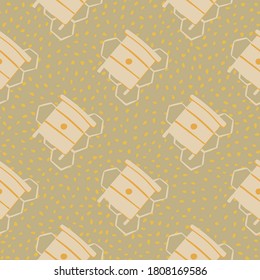 Pale seamless pattern with honeycombs and beehives. Beige dotted background. Pastel palette artwork. Designed for wallpaper, textile, wrapping paper, fabric print. Vector illustration.