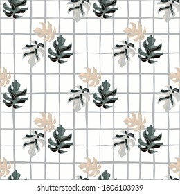 Pale seamless pattern with pastel tones monstera leafs. White background with check. Creative print for wallpaper, textile, wrapping paper, fabric print. Vector illustration.