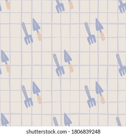 Pale seamless pattern with shovel and rake silhouettes. Light grey background with blue ornament and check. Decorative backdrop for wallpaper, textile, wrapping, fabric print. Vector illustration.