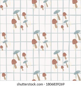 Pale seamless pattern with stylized wild fungus ornament. White background with blue check. Decorative backdrop for wallpaper, textile, wrapping paper, fabric print. Vector illustration.