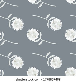 Pale seamless pattern with white blow-ball ornament. Light grey background. Minimalistic botanic artwork. Great backdrop for wallpaper, textile, wrapping paper, fabric print. Vector illustration.
