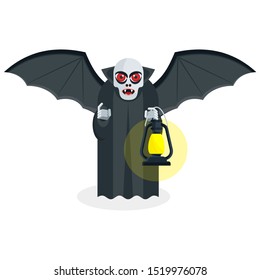 Pale skinny vampire with red evil eyes holds a lantern in his hands. Dressed in a black cloak, large black wings of a bat behind his back. The living dead. Halloween Flat vector character.