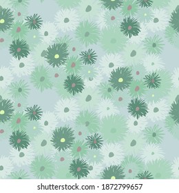 Pale spring seamless pattern with chrysanthemum shapes. Light blue background. Simple random floral backdrop. Great for wrapping paper, textile, fabric print and wallpaper. Vector illustration.