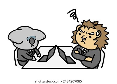 Pale subordinates and distressed bosses.Lion and koala characters.
