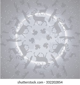 The pale texture of wild animals on the background of the full moon. Background for Christmas card, poster, invitation and other cards. Vector.