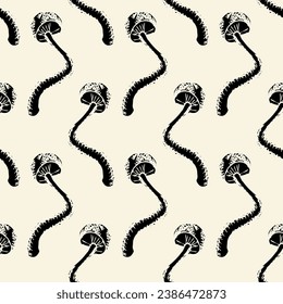 Pale toadstool mushroom seamless pattern vector illustration isolated on light beige background. Negative space sketch, engraving style, stamp effect