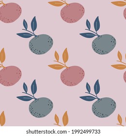 Pale tones citrus seamless pattern with mandarin and leaves silhouettes. Lilac, purple and orange colored artwork. Perfect for fabric design, textile print, wrapping, cover. Vector illustration.