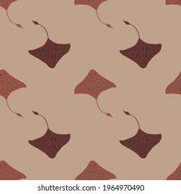 Pale tones marine fauna seamless pattern with stingray shapes print. Beige background. Maroon ornament. Designed for fabric design, textile print, wrapping, cover. Vector illustration.