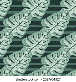 Pale tones seamless pattern with blue monstera leaves shapes. Green striped background. Decorative backdrop for fabric design, textile print, wrapping, cover. Vector illustration.