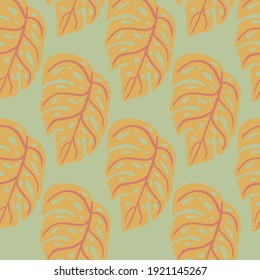 Pale tones seamless pattern with orange monstera foliage shapes. Tropic foliage print. Grey background. Stock illustration. Vector design for textile, fabric, giftwrap, wallpapers.