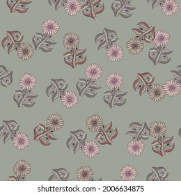 Tonos pálidos vintage sin fisuras con elementos de girasol aleatorios. Fondo verde pastel. Flores rosas. Diseño gráfico para envolver texturas de papel y tela. Ilustración vectorial.