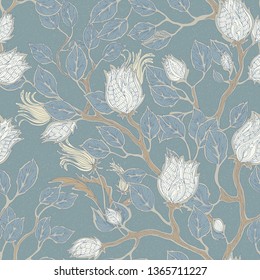 Pale turquoise seamless vintage hand drawn floral pattern