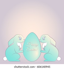 Pale vector easter illustration of the two rabbits with egg on the light violet and yellow background.