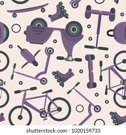 Pale violet seamless pattern with fashion teenager cycling city transport on pale background. Urban eco transport bike, skate, scooter texture for textile, wrapping paper, package