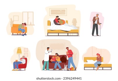 Pale, Weary Characters Lie In Beds, Coughing And Fatigue Prevail In This Scene Of Illness, Depicting People Struggle With Sickness. Kids, Seniors and Adults Getting Sick. Cartoon Vector Illustration