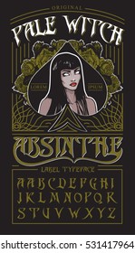 "Pale witch" - absinthe label typeface. Vintage style font with witch portrait in floral spades sign and tracery ornament. Alcohol beverage label design.