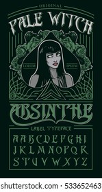 "Pale witch" - absinthe label typeface. Vintage style font with witch portrait in floral spades sign and tracery ornament. Alcohol beverage label design.