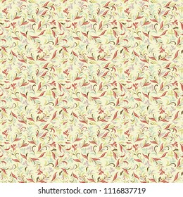 Pale yellow background with a delicate plants in neutral colors, seamless vector as a fabric texture