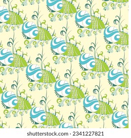 Pale Yellow background with repeated green abstract pattern