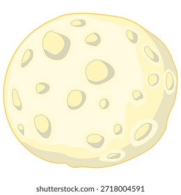 Cuerpo celeste amarillo pálido, que se asemeja a una luna o un Pequeño planetoide. La superficie está detallada con varios cráteres y hendiduras orgánicas, lo que sugiere una historia cósmica de impacto y edad. El concepto se centra en la belleza del universo desconocido y la simplicidad de las formas celestes, presentadas en un estilo aislado y dibujado a mano que funciona bien para materiales educativos, diseños de temática espacial o iconos.