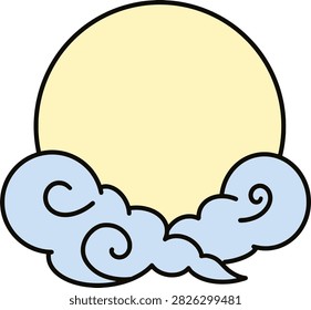 Pale yellow full moon rising behind stylized light blue clouds with bold black outlines, isolated as a simple flat cartoon vector illustration.