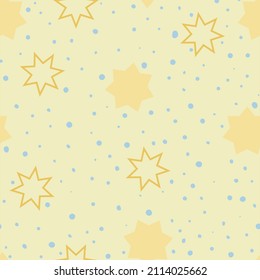 Pale yellow pattern of yellow stars and blue drops. A simple pattern for children's things, textiles, prints. Seamless pattern.
