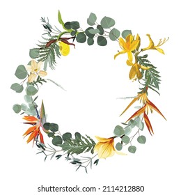 Pale yellow tropical flowers wreath. Greeting card template. Design artwork for the poster, tee shirt, pillow, home decor.