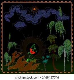 Palekh miniature Fairy Red Flower. Vector illustration in style of russian folk handicraft - Palekh lacquer art. 