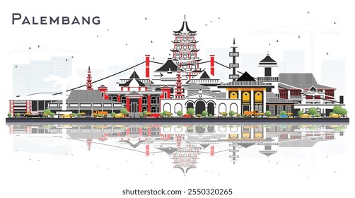 Palembang Indonesia City Skyline with Gray Buildings and reflections Isolated on White. Vector Illustration. Business Tourism Concept with Historic Architecture. Palembang Cityscape with Landmarks.