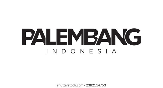 Palembang in the Indonesia emblem for print and web. Design features geometric style, vector illustration with bold typography in modern font. Graphic slogan lettering isolated on white background.
